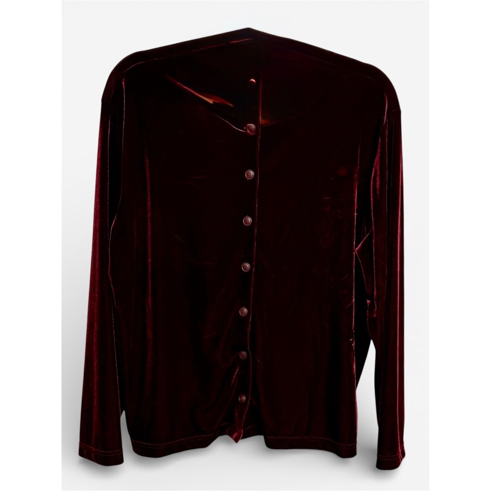 Kim Rogers Womens Sz-L Burgundy Velvet Button Down Cardigan Jacket‎ Long Sleeve